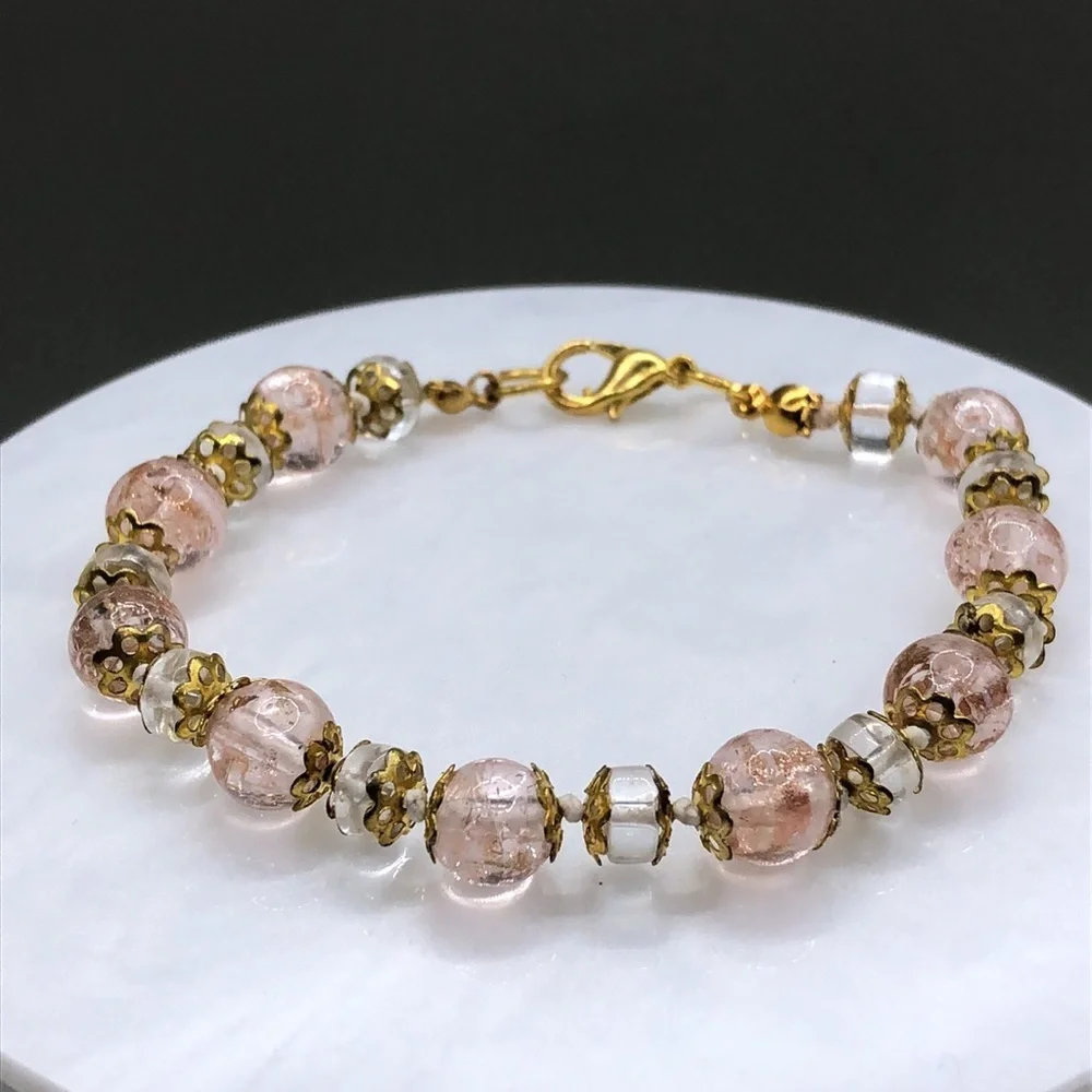 Venetian art glass bead elegant dressy blush pink-ish bracelet gold tone.